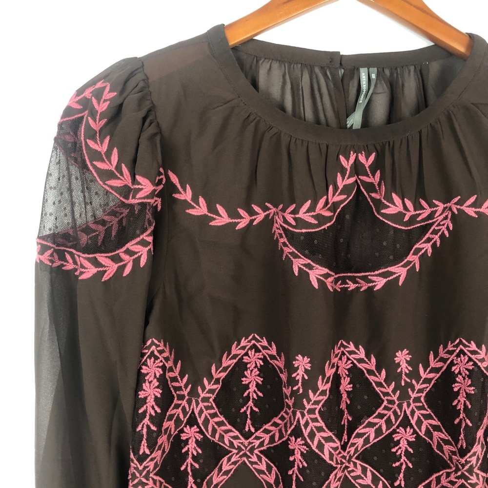 NEW By Anthropologie Long Sleeve Appliqué Blouse‎ Brown Size XXS Embroidered - Picture 3 of 8